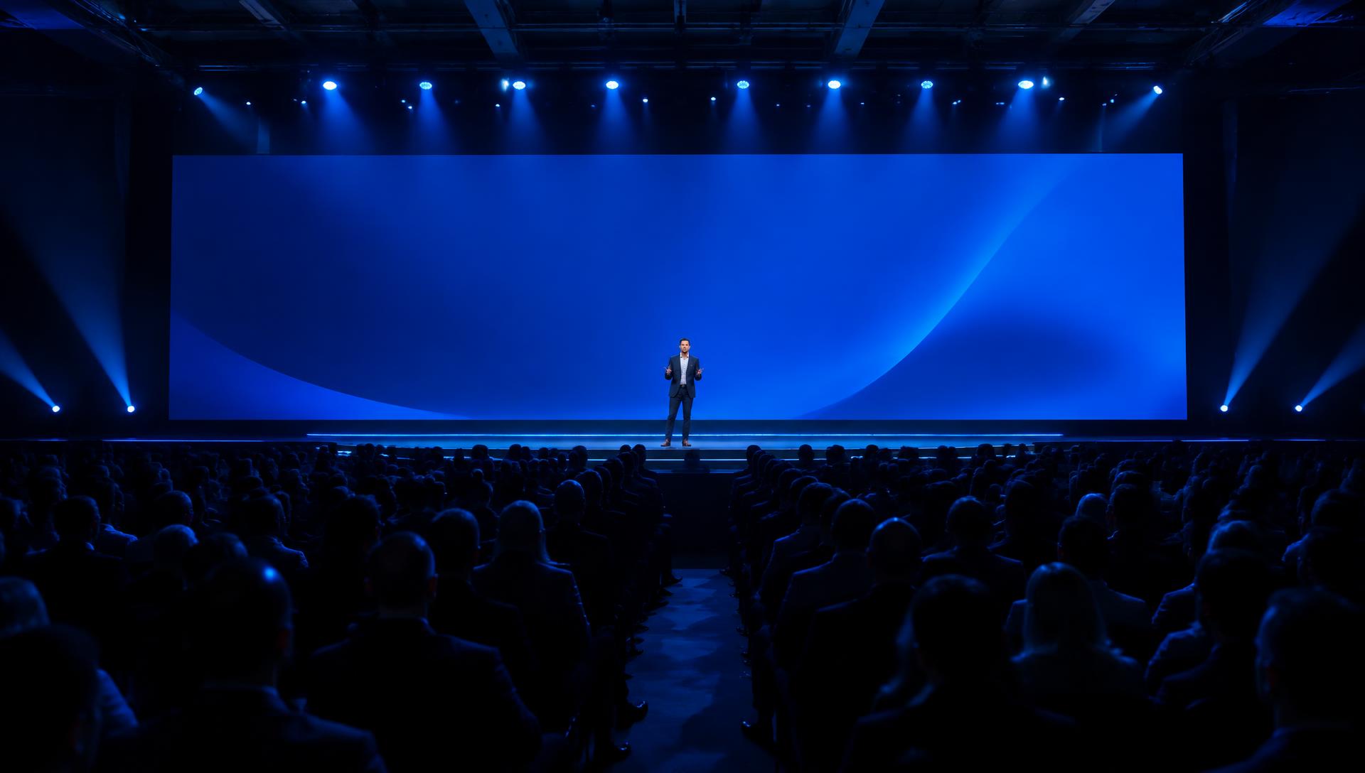Conferencia corporativa frente a una gran pantalla LED azul