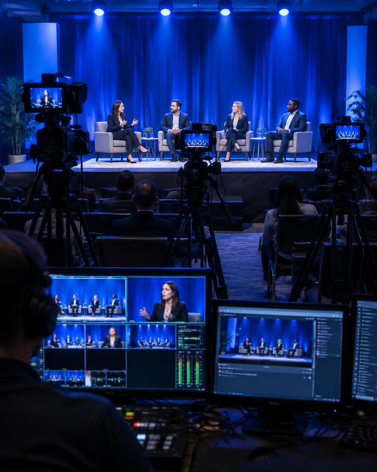 Panel transmitido con varias cámaras y monitores de realización