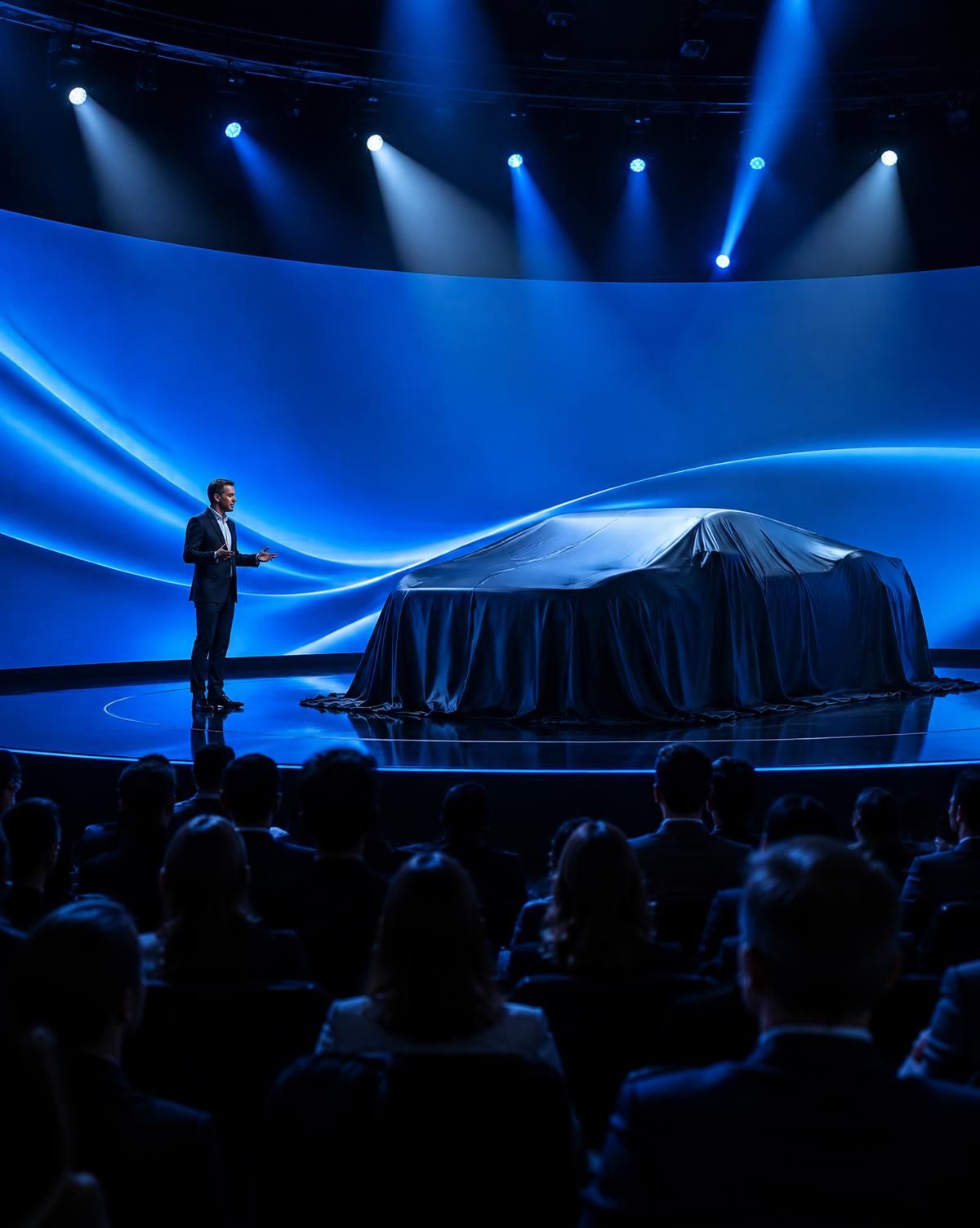 Lanzamiento en escenario con pantalla LED azul