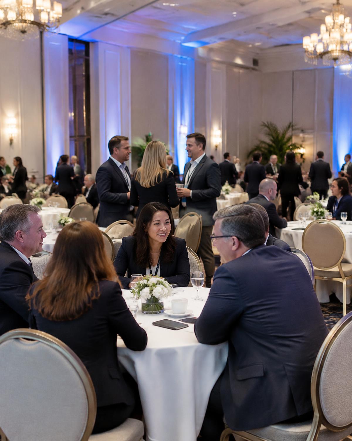 Encuentro corporativo con mesas y conversación entre ejecutivos